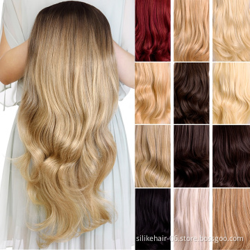 Silike 210g 24 Inch Wavy 3/4 Half Wig Long Synthetic Hair Extensions Ombre Blonde Capless Wigs Hair Clips Extension For Women